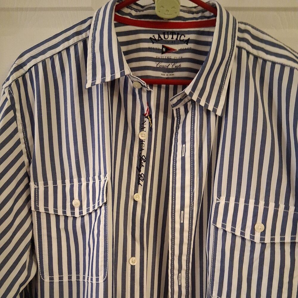 Nautica North Coast Sailing Club Button Down Shirt Sailing Crest Stripe Men’s XL